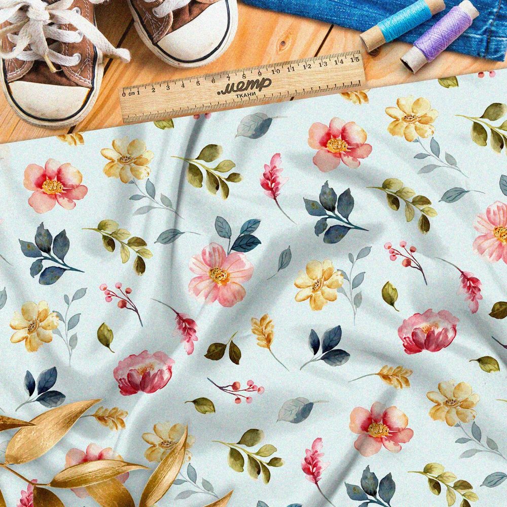 Ткань барби яркие полевые цветы и листья на белом фоне