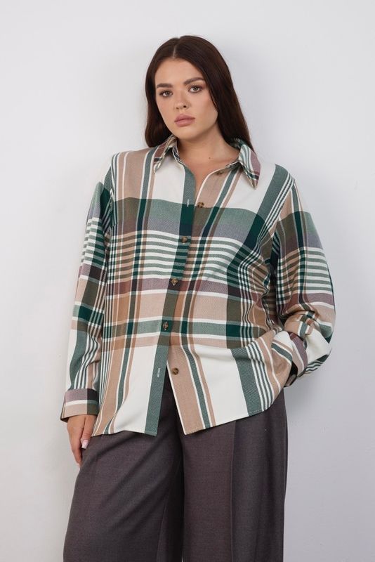 Рубашка в крупную клетку, зелено-бежевый