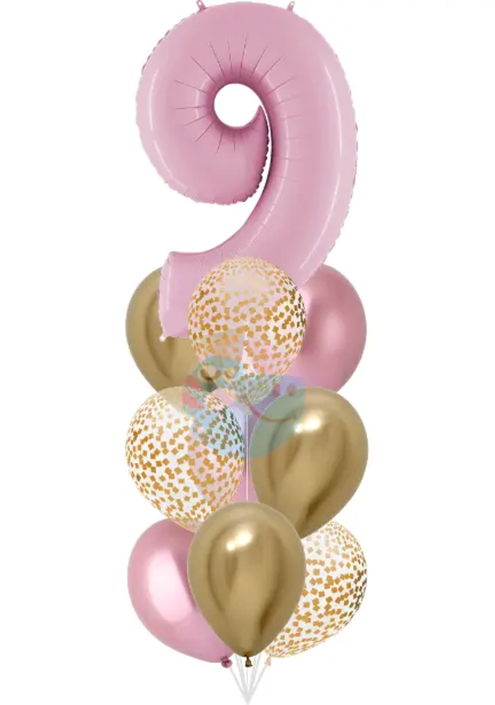 Фонтан c розовой цифрой «9» из 10 воздушных шаров с гелием
