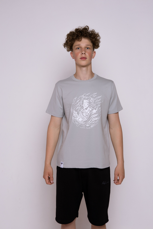 Футболка серо-голубая классическая с принтом "Jimi Hendrix. The guitarist"