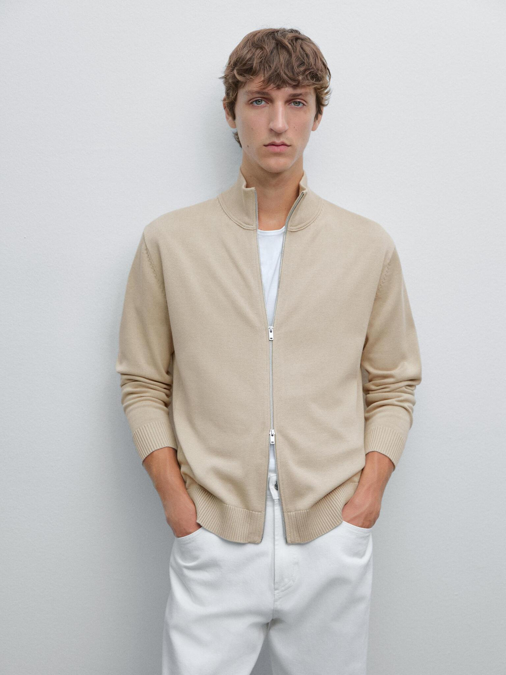 Massimo Dutti Кардиган из 100% хлопка с застежкой-молнией, светло-бежевый