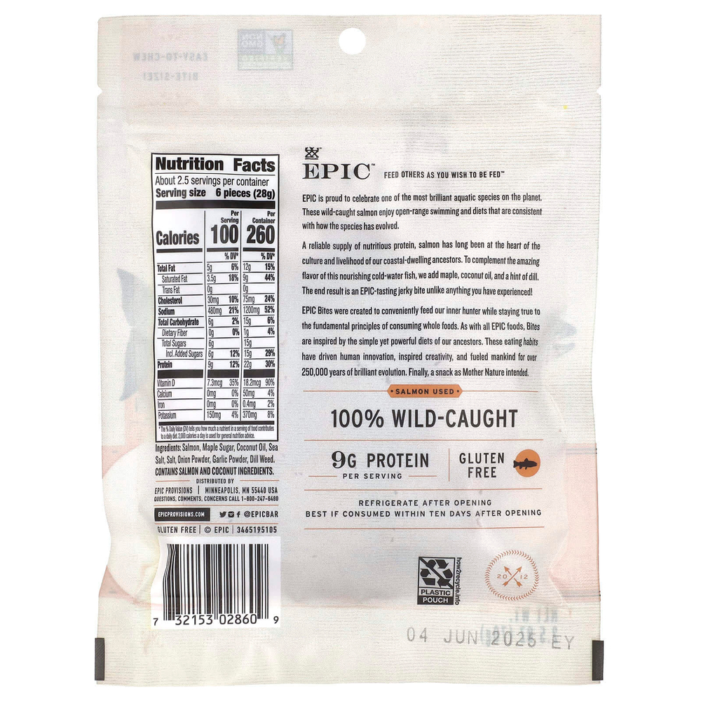 Epic Bar, Укусы лосося, глазированные и копченые из клена, 70 г (2,5 унции)