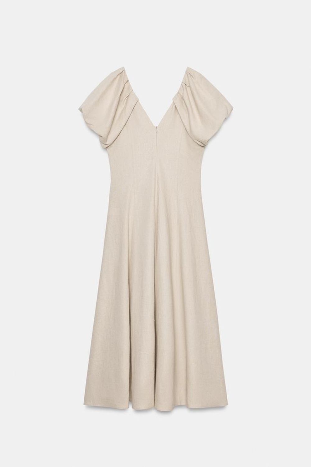 ZARA ПЛАТЬЕ МИДИ ИЗО ЛЬНА С ОБЪЕМНЫМИ РУКАВАМИ, СВЕТЛО-БЕЖЕВЫЙ