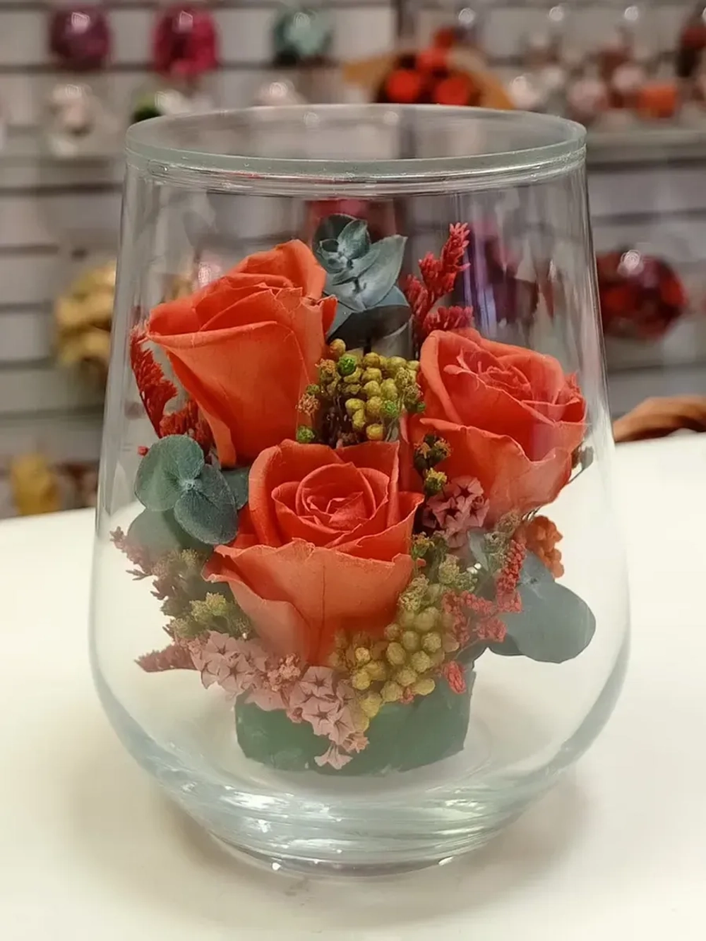 натуральные кустовые розы в стекле, вакуум*