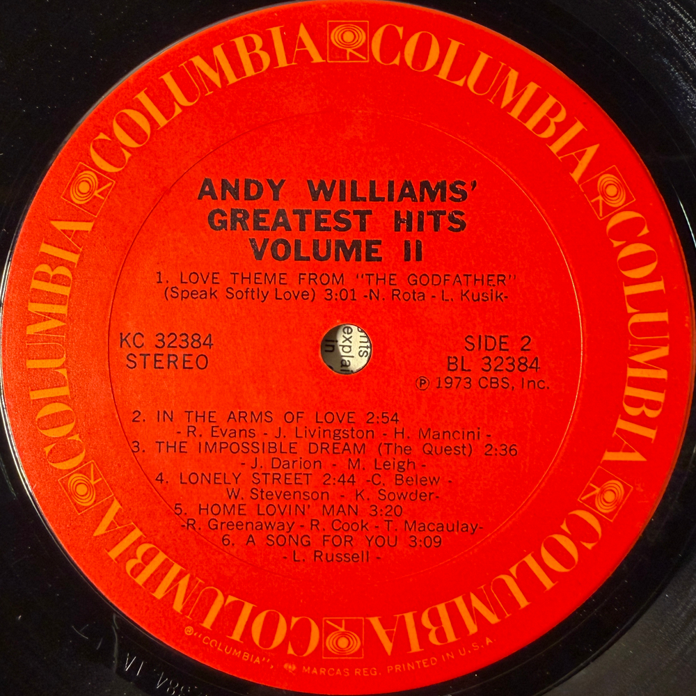 Andy Williams ‎– Andy Williams' Greatest Hits Vol. 2 (США 1973г.)