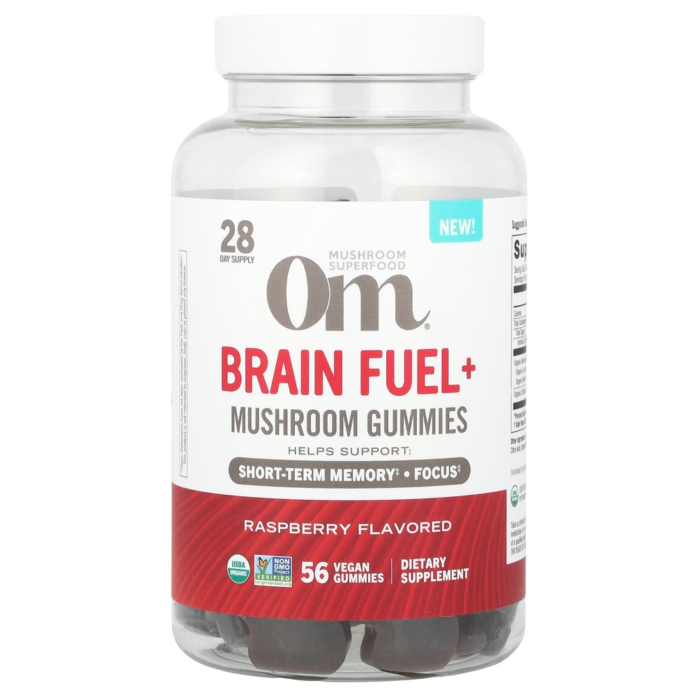 Om Mushrooms, Brain Fuel+, жевательные грибы, со вкусом малины, 56 веганских жевательных таблеток
