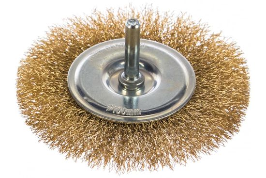 Щетка дисковая для дрели MIRAX, витая латунир. стальн.проволока 0,3мм, 100мм