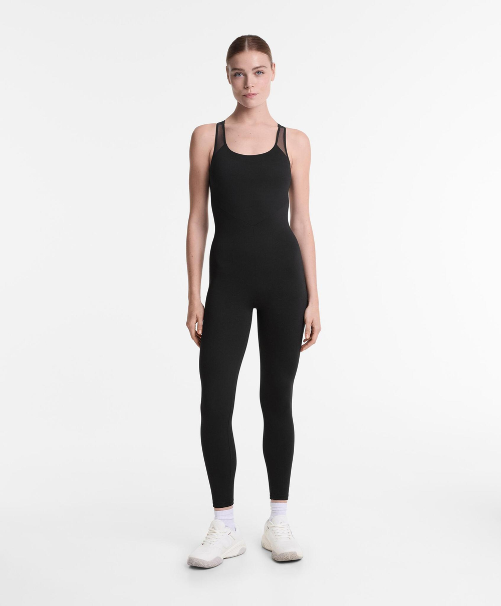 Oysho Длинный комбинезон Comfortlux с контрастными деталями в сеточку, черный