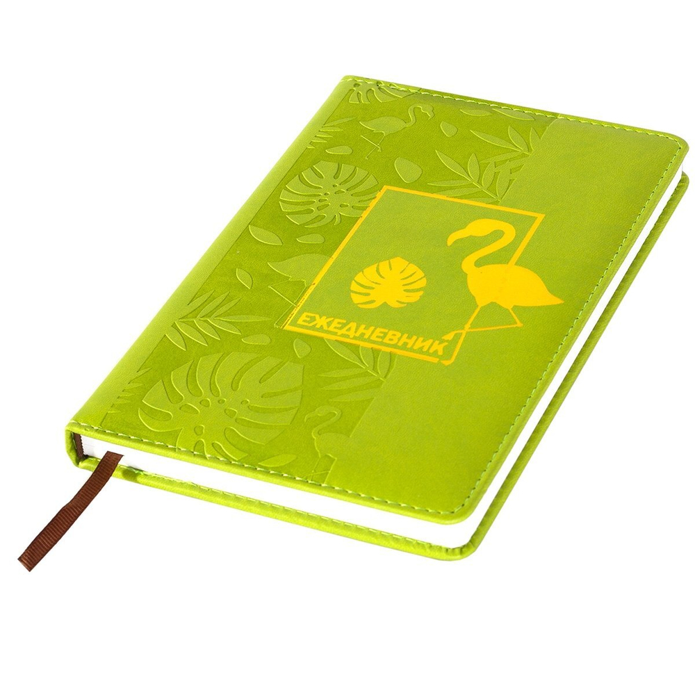 Ежедневник недатированный, А5, Yalong, 7БЦ, ПВХ, тиснение, ляссе, салатовый, клетка, 140 л., "Фламинго"