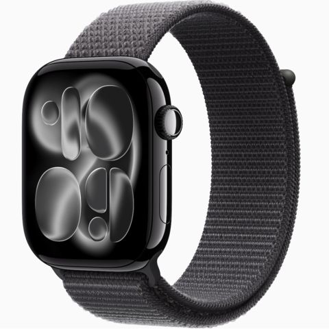 Умные часы Apple Watch Series 11 46 мм из алюминия цвета «чёрный глянец», нейлоновый браслет темно-серого цвета