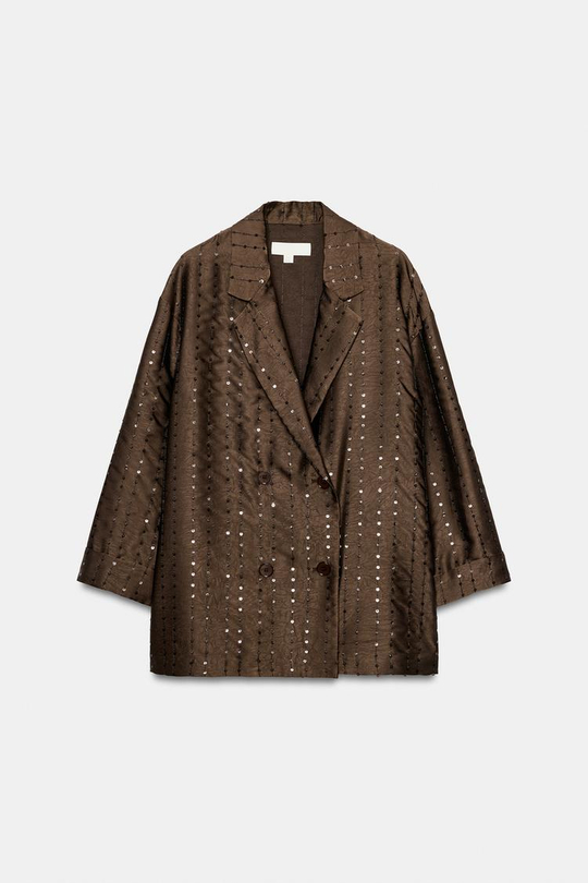 ZARA ДВУБОРТНЫЙ БЛЕЙЗЕР С ПАЙЕТКАМИ, КОРИЧНЕВЫЙ