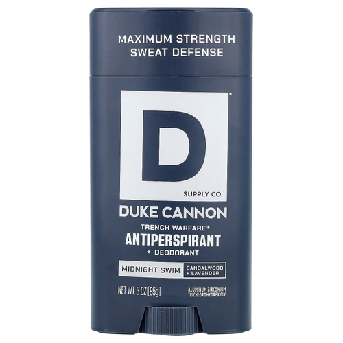 Duke Cannon Supply Co., Trench Warfare® антиперспирант и дезодорант, Midnight Swim, сандаловое дерево и лаванда, 85 г (3 унции)