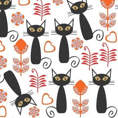 Черные коты и кошки на белом фоне, цветы