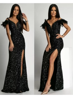 вечернее платье с пайетками и перьями + plus size