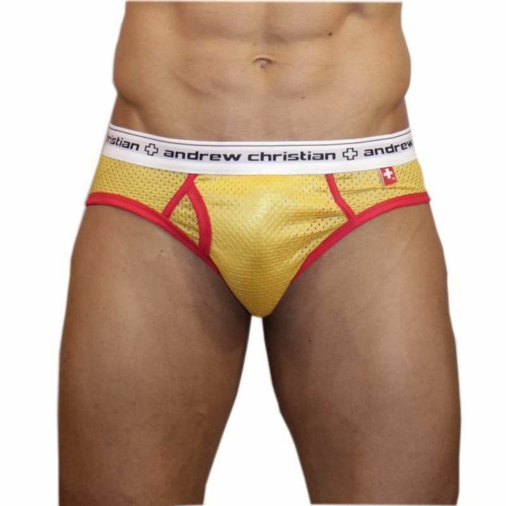 Мужские трусы брифы желтые в сетку Andrew Christian Sports Brief Yellow  13912
