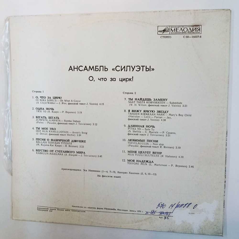 Винтажная виниловая пластинка LP Ансамбль Силуэты О, Что За Цирк (СССР 1982)