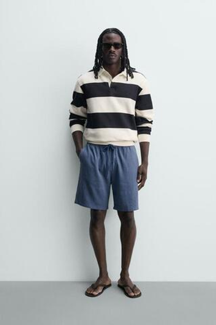ZARA БЕРМУДЫ RELAXED FIT ИЗ ВИСКОЗЫ И ЛЬНА, ГОЛУБОЙ
