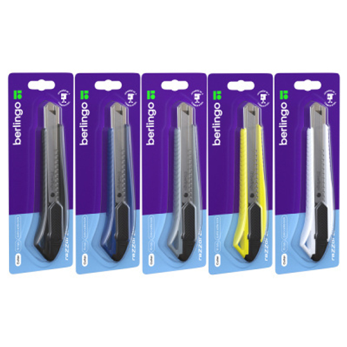Нож канцелярский 18мм Berlingo "Razzor 200", auto-lock, металл. направл., ассорти, европодвес