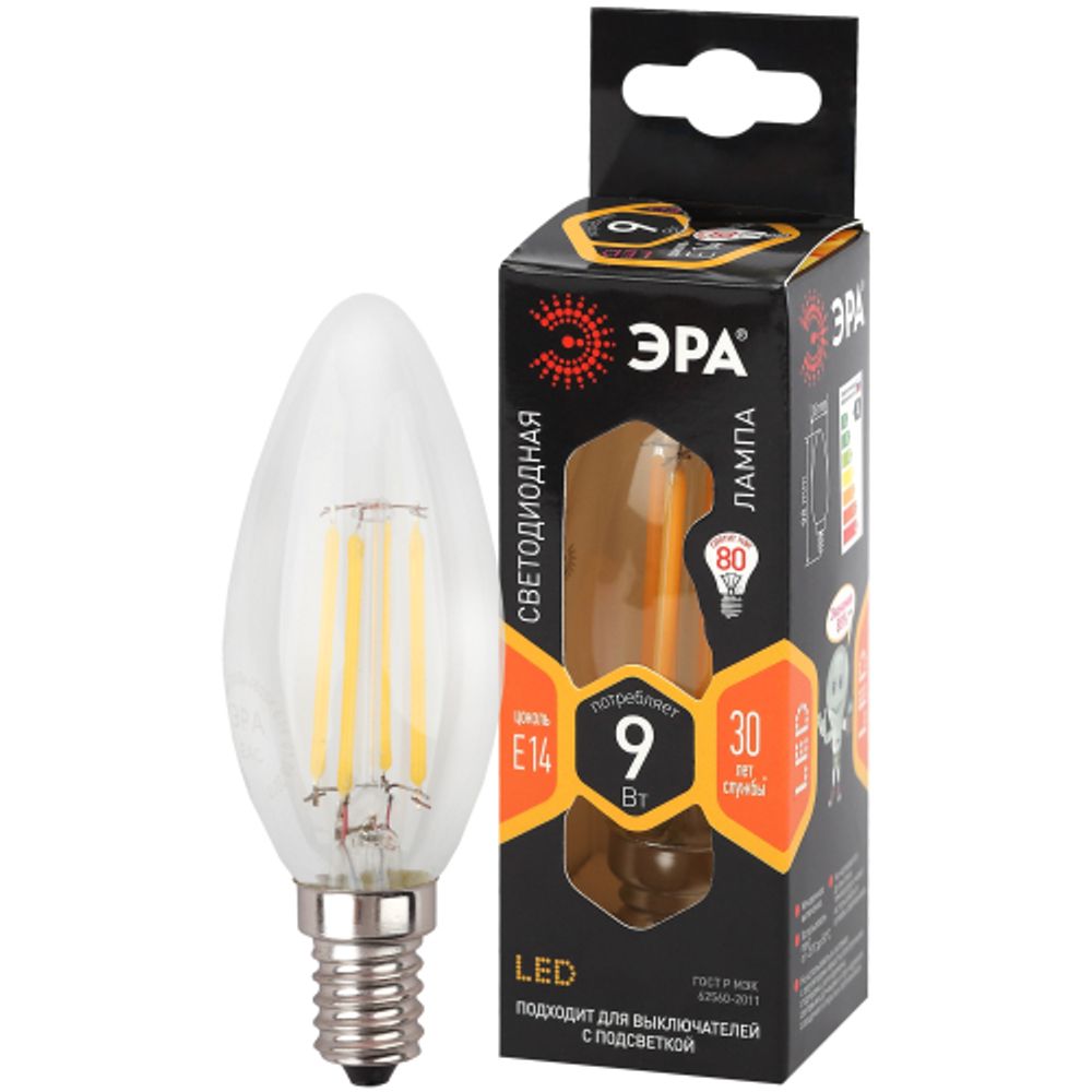 Лампа светодиодная ЭРА F-LED B35-9w-827-E14 9Вт филамент свеча теплый белый свет Е14 | Филаментные декоративные