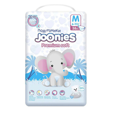 Подгузники Joonies Premium soft М (6-11 кг) 58 шт