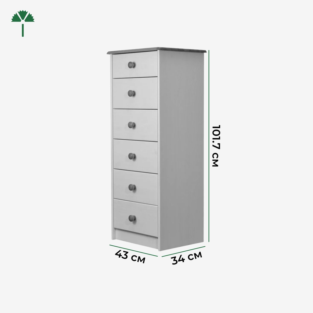 Dipriz Комод белый Хаба из сосны, 6 ящиков, высокий деревянный комод в спальню и детскую, белый/антик