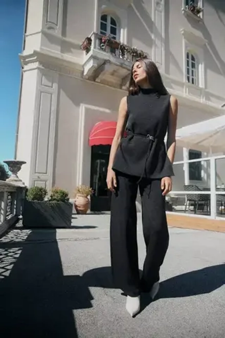 ZARA БРЮКИ SOFT ШИРОКОГО КРОЯ ИЗ ТКАНИ ПИКЕ, ЧЕРНЫЙ С МЕЛАНЖЕВЫМ ЭФФЕКТОМ