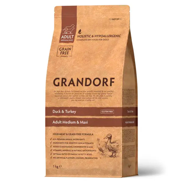Сухой корм Grandorf Dog Duck&Turkey MED&MAXI, для собак средних/крупных пород, утка и индейка 1 кг