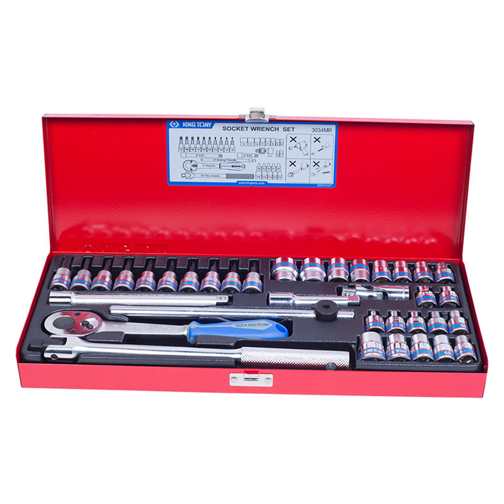 KING TONY (3034MR) Набор торцевых головок с принадлежностями 3/8", 12-гранные, 6-19 мм и E4-E18, 36 предметов