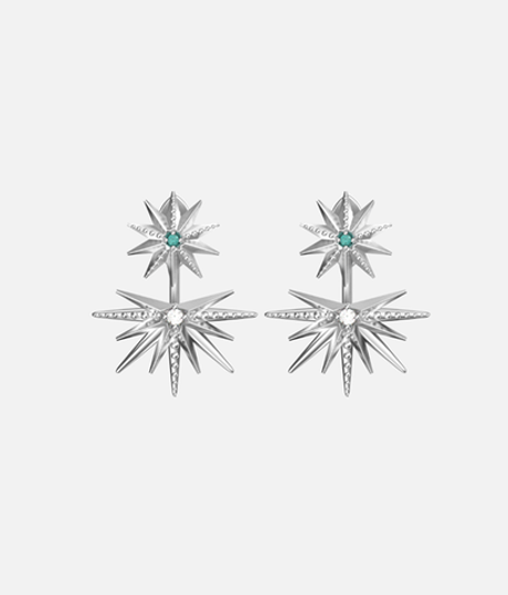 Серьги-джекеты из серебра со вставками из выращенных турмалина параиба и бриллианта