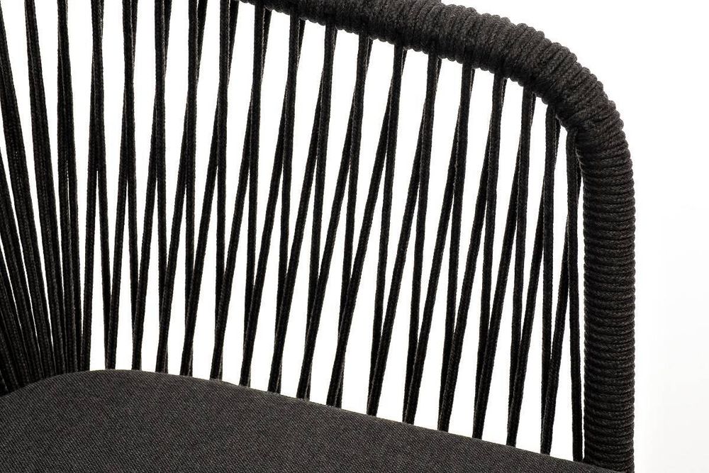 "Марсель" стул плетеный из роупа, каркас из стали золотой глянец, роуп темно-серый круглый, ткань серая