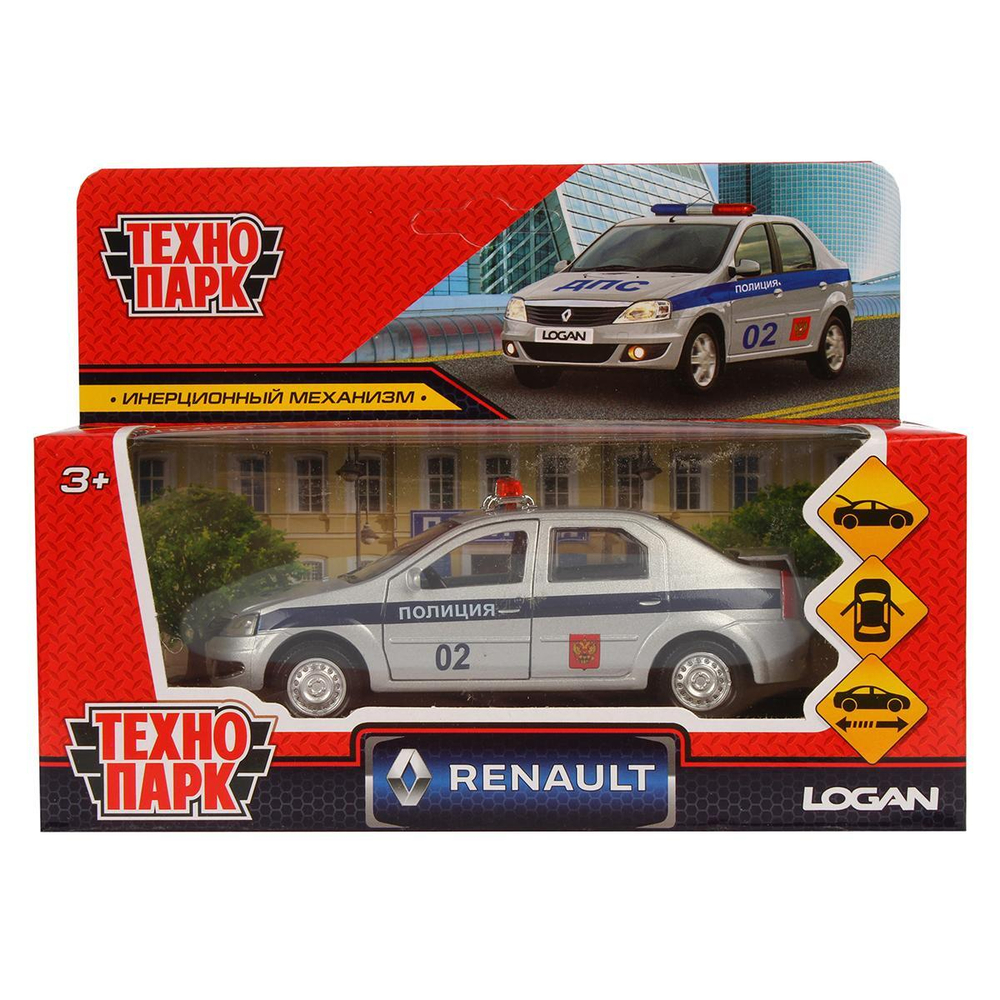 Модель ин. мет. "Renault Logan.Полиция" 12см, двери, баг, серебристый, коробка LOGAN-P (Технопарк)