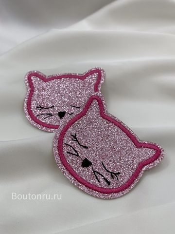Нашивка розовая с блестками котёнок 5х4,5 см