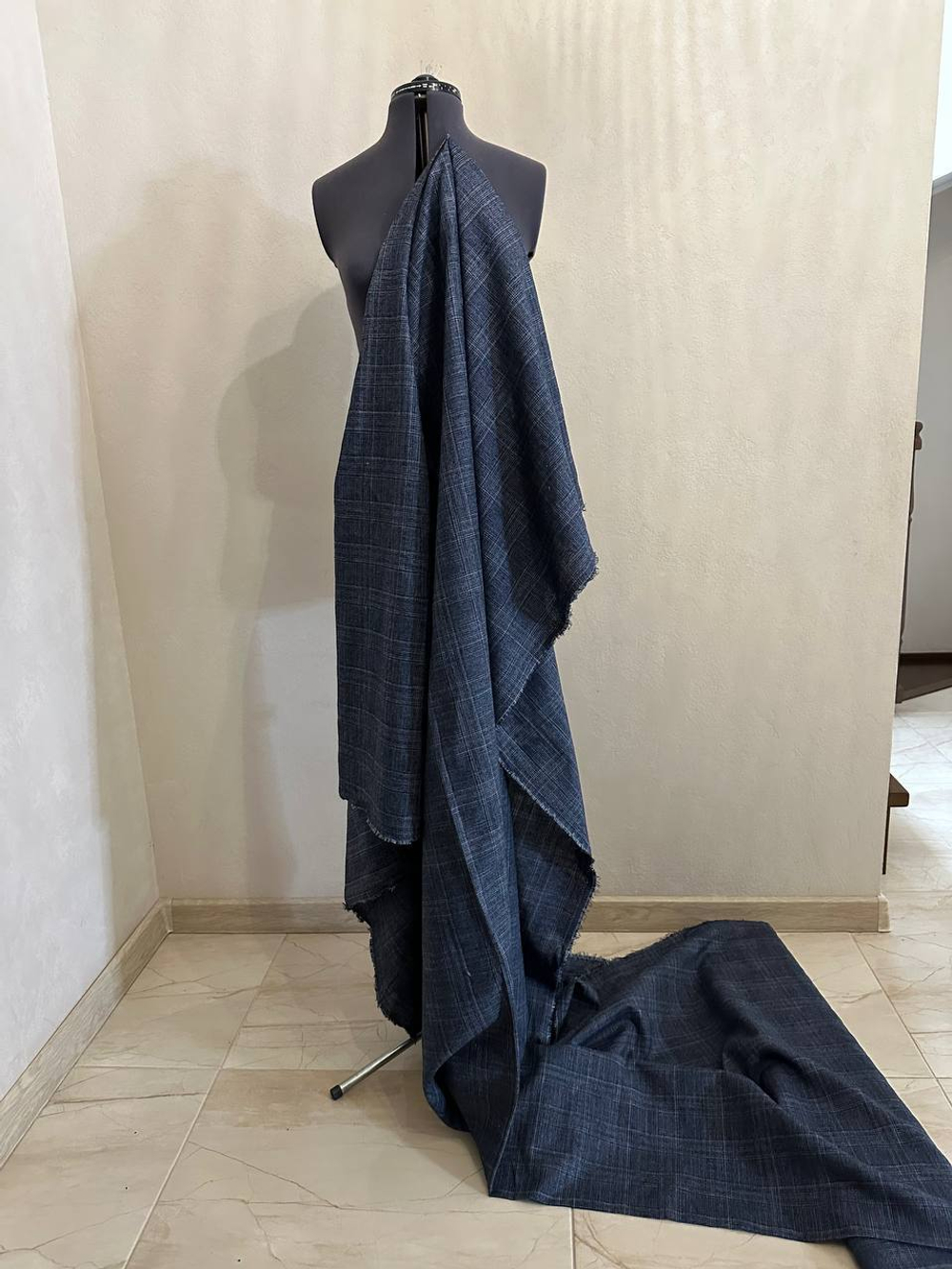 Костюмно-плательный лен с шерстью и хлопком (Ferla, 70%лен/25%шерсть/5%хлопок, Серо-синяя гамма/тонкая клетка, 152)