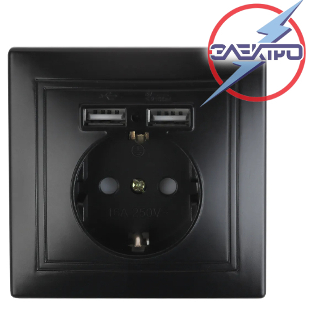 2530 Розетка 1-я с/з внутренняя +2 USB (черный) /Мира Электро
