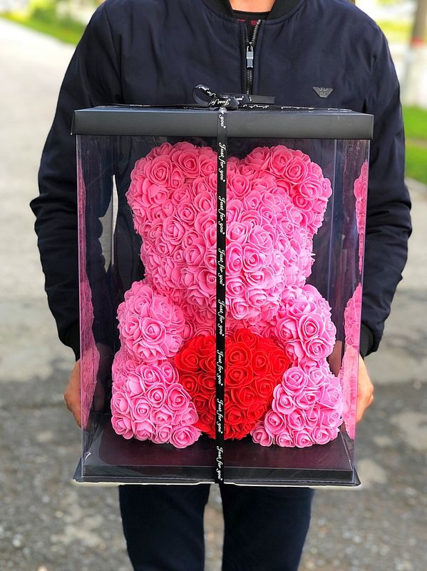 Мишка из роз 40 см в подарочной коробке #2598