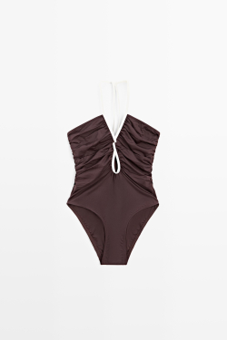 Massimo Dutti Купальник с контрастной отделкой и сборками, коричневый