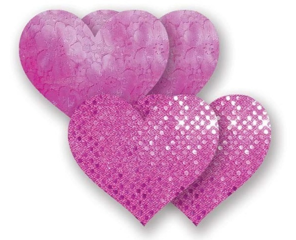 Комплект из 1 пары розовых пэстис-сердечек с блестками и 1 пары розовых пэстис-сердечек  с кружевной поверхностью