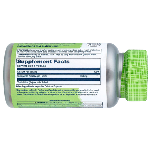 Solaray, True Herbs, сарсапариль, 450 мг, 100 вегетарианских капсул