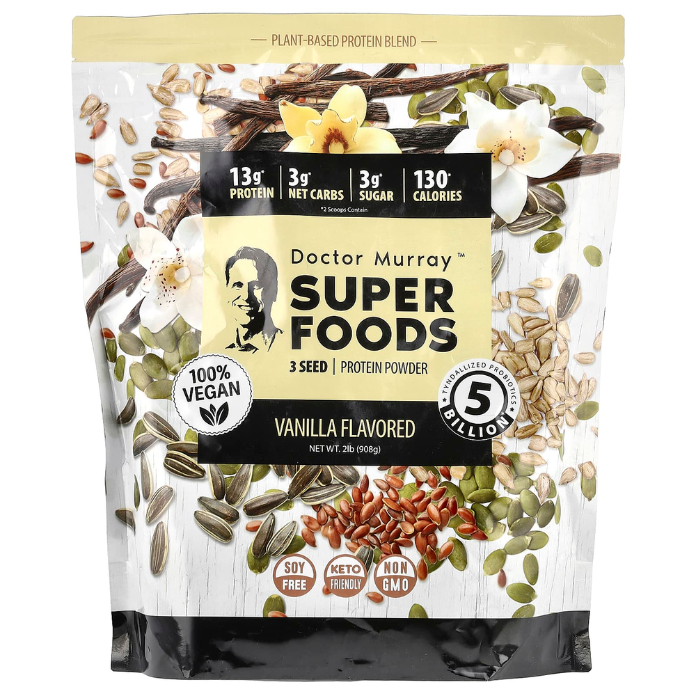 Dr. Murray's, Super Foods, порошок из 3 протеинов, тыква + лен + подсолнечник, ваниль, 908 г (2 фунта)