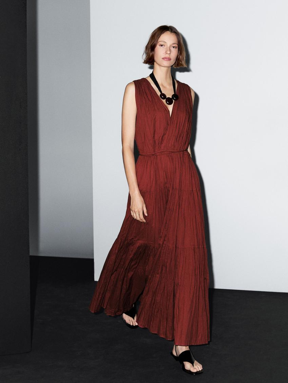 Massimo Dutti Длинное платье из 100% хлопка со складками, черепичный