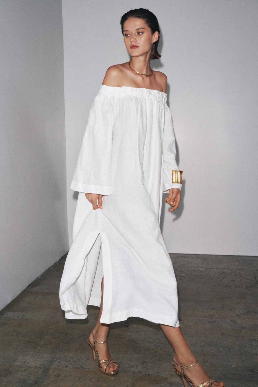 ZARA ДЛИННОЕ ПЛАТЬЕ ИЗ 100% ЛЬНА — ZW COLLECTION, БЕЛЫЙ