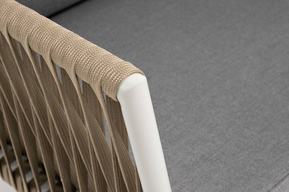 "Касабланка" диван 2-местный плетеный из роупа, каркас алюминий светло-серый (RAL7035) муар, роуп серо-коричневый 23мм, ткань серая 017