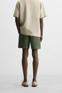 ZARA ШОРТЫ ИЗ ХЛОПКА И ЛЬНА, ЗЕЛЕНЫЙ