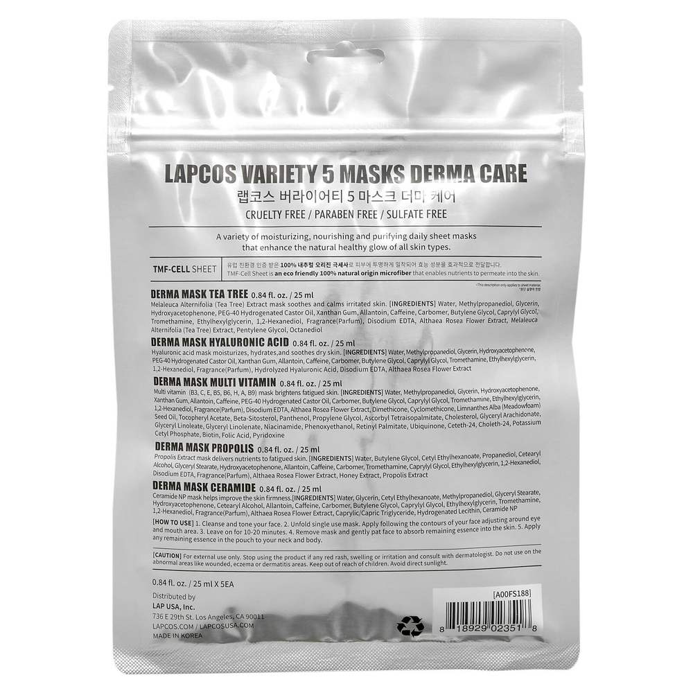 Lapcos, Variety 5 Beauty Masks Derma Care, 5 шт., По 25 мл (0,84 жидк. унц.)