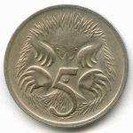 5 центов 1969 год. Австралия (Елизавета II). Ехидна. Медно-никель, диаметр 19.4 мм. XF-