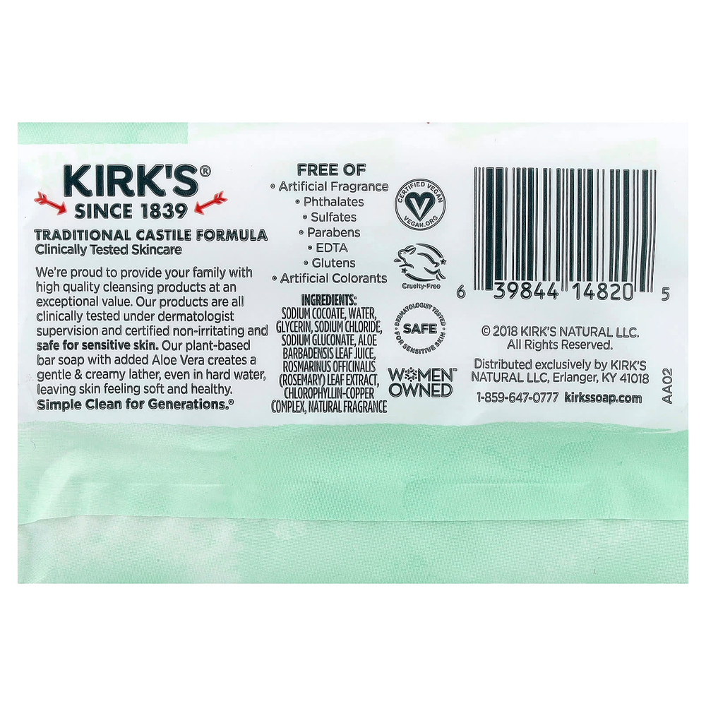 Kirk's, 100% кусковое мыло с кокосовым маслом премиального качества, успокаивающее алоэ вера, 3 куска по 113 г (4 унции)