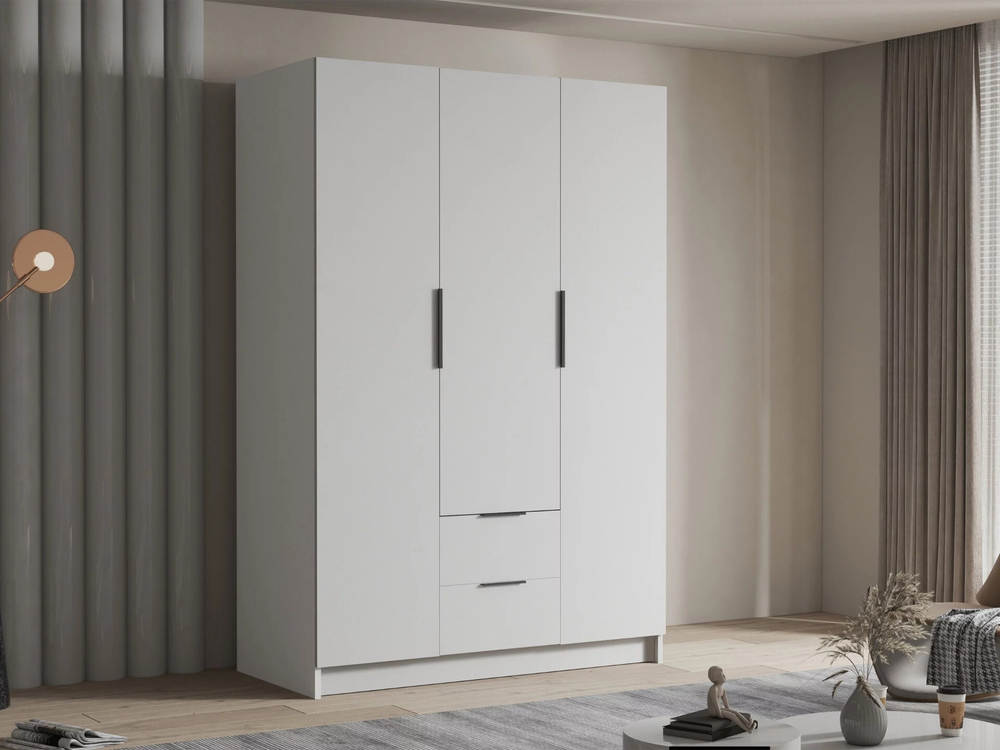 Распашной трехсекционный шкаф Эмма с 2 ящиками, c черными ручками Белый снег 8685 BS  190*60*260