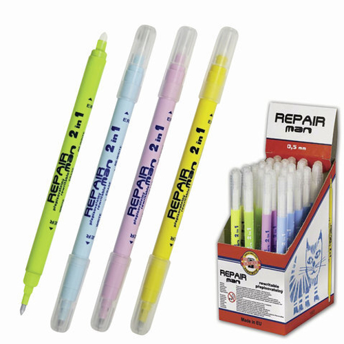 Ручка стираемая роллер KOH-I-NOOR "Repair Man", СИНЯЯ, корпус ассорти, узел 0,5 мм, линия письма 0,3 мм