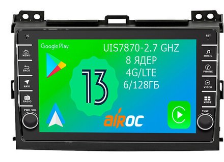 Магнитола для Toyota Land Cruiser Prado 120, Lexus GX470 (экран климата внизу) - Airoc AB-1105 (кнопки и крутилки), Android 13, TS20, 6/128Гб, SIM-слот, CarPlay