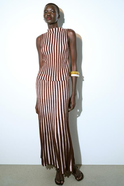 ZARA ПЛИССИРОВАННАЯ ЮБКА В ПОЛОСКУ С ТЕКСТУРОЙ, КОРИЧНЕВЫЙ